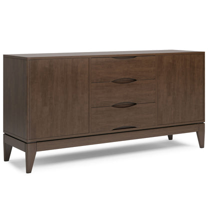 Solid wood sideboard with cabinet doors and curved drawer pulls in dark walnut on tapered legs on Tampa Home & Garden Store