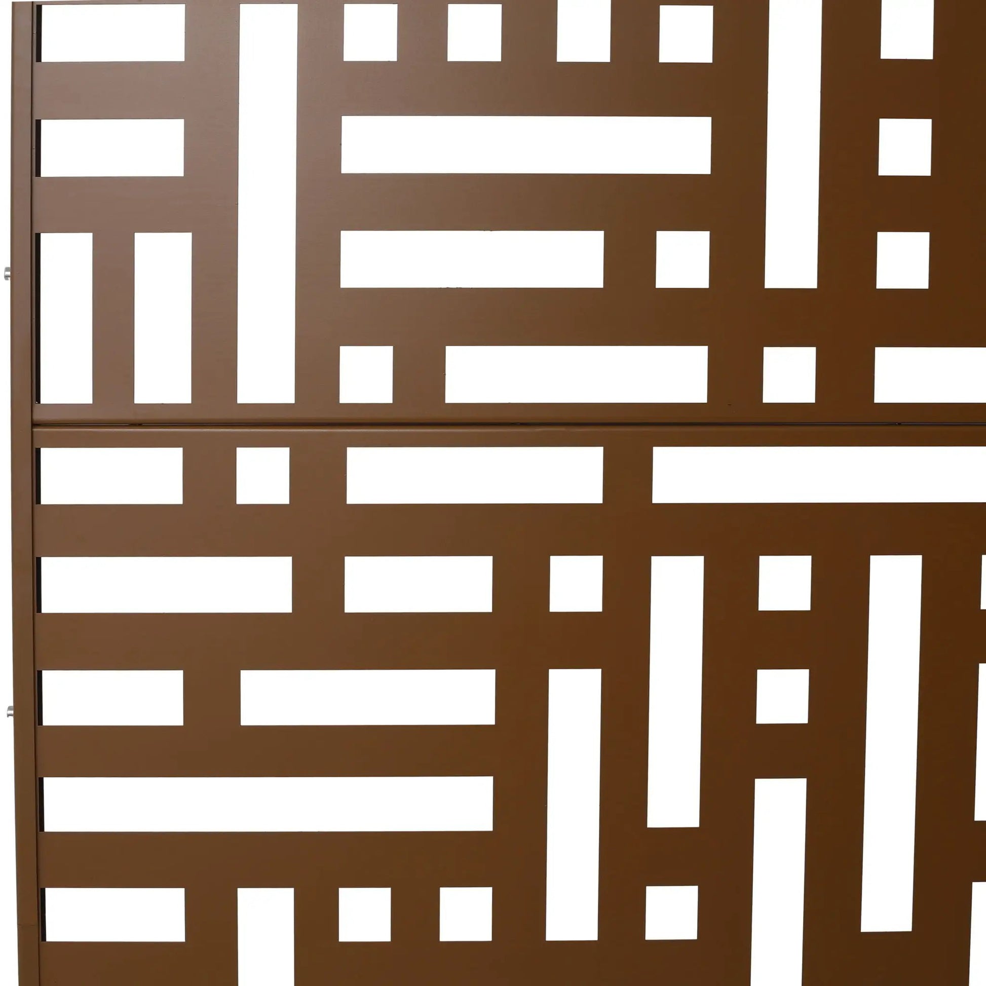 Decorative freestanding metal privacy screen with brown geometric cutouts on Tampa Home & Garden Store
