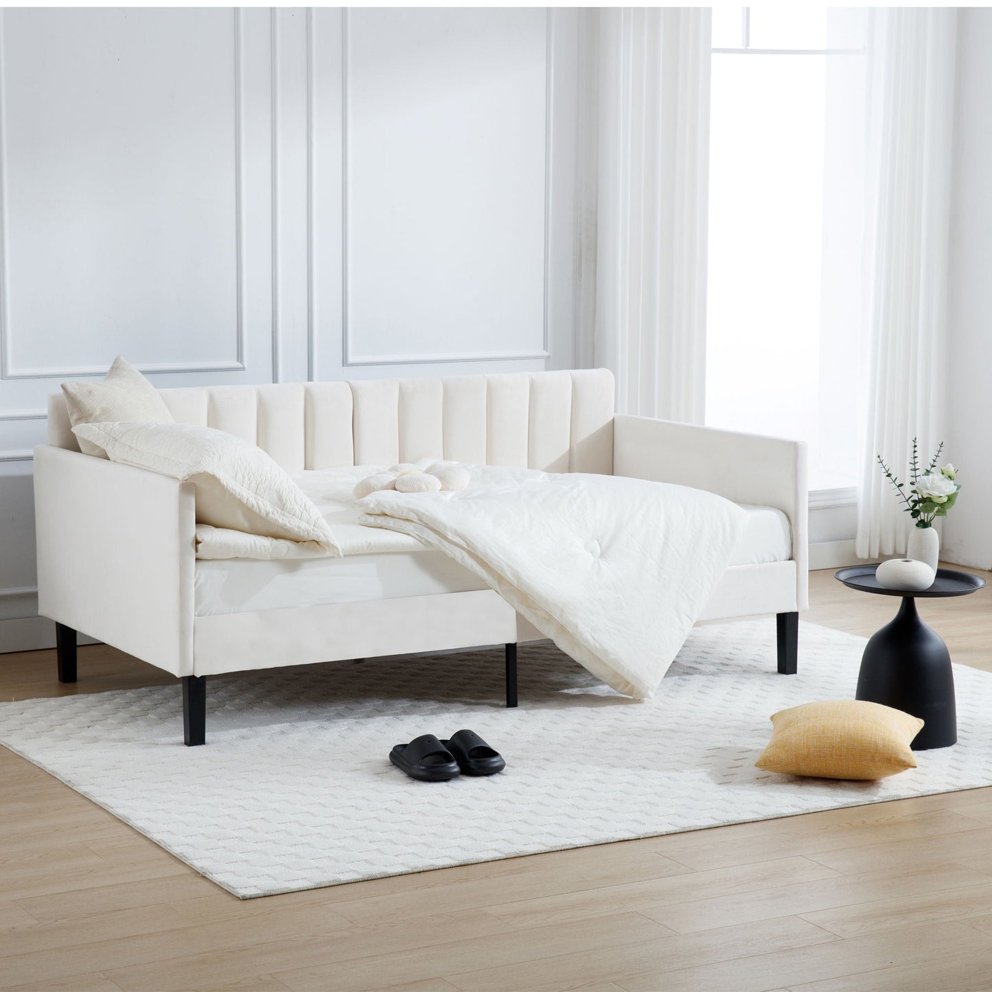 Elena Boucle Upholstered Daybed with ribbed tufted backrest in white boucle on Tampa Home & Garden Store