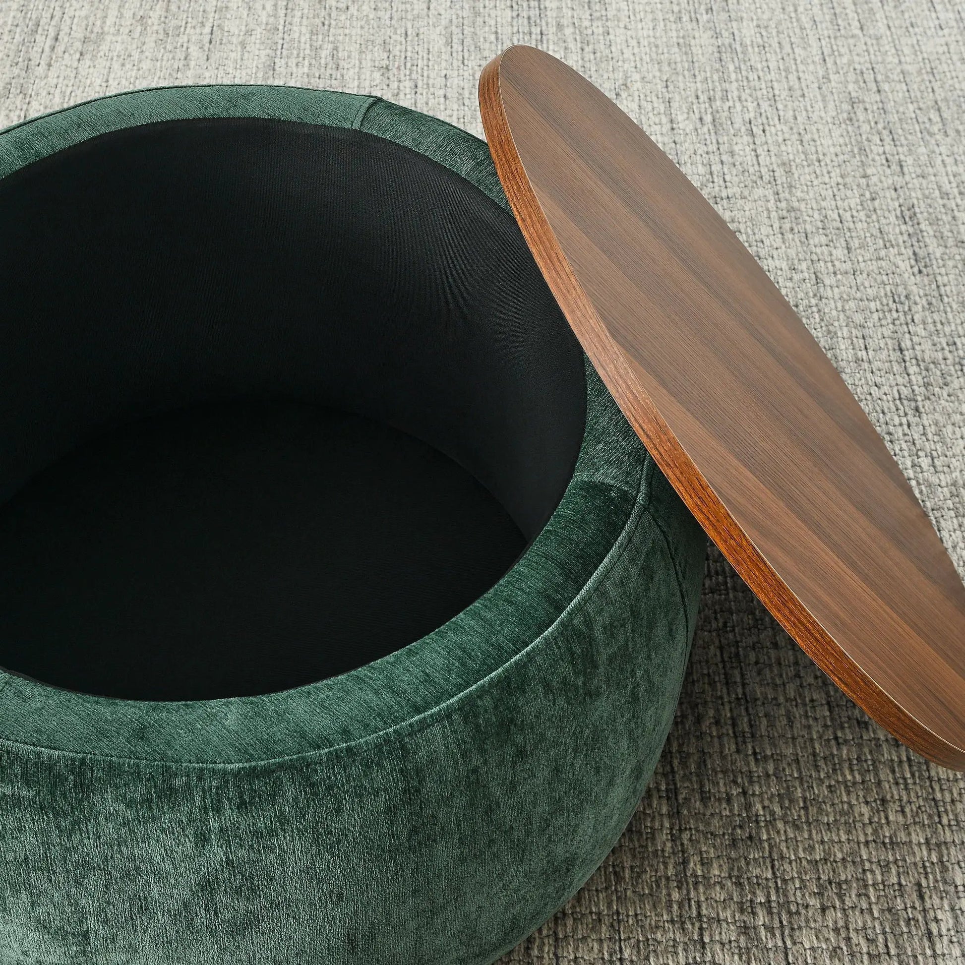 Round green velvet storage ottoman with 2-in-1 end table feature by Unique Piece Furniture on Tampa Home & Garden Store