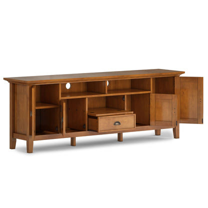 Handcrafted media stand by HouseOfZazla with adjustable shelves, warm wood finish on Tampa Home & Garden Store