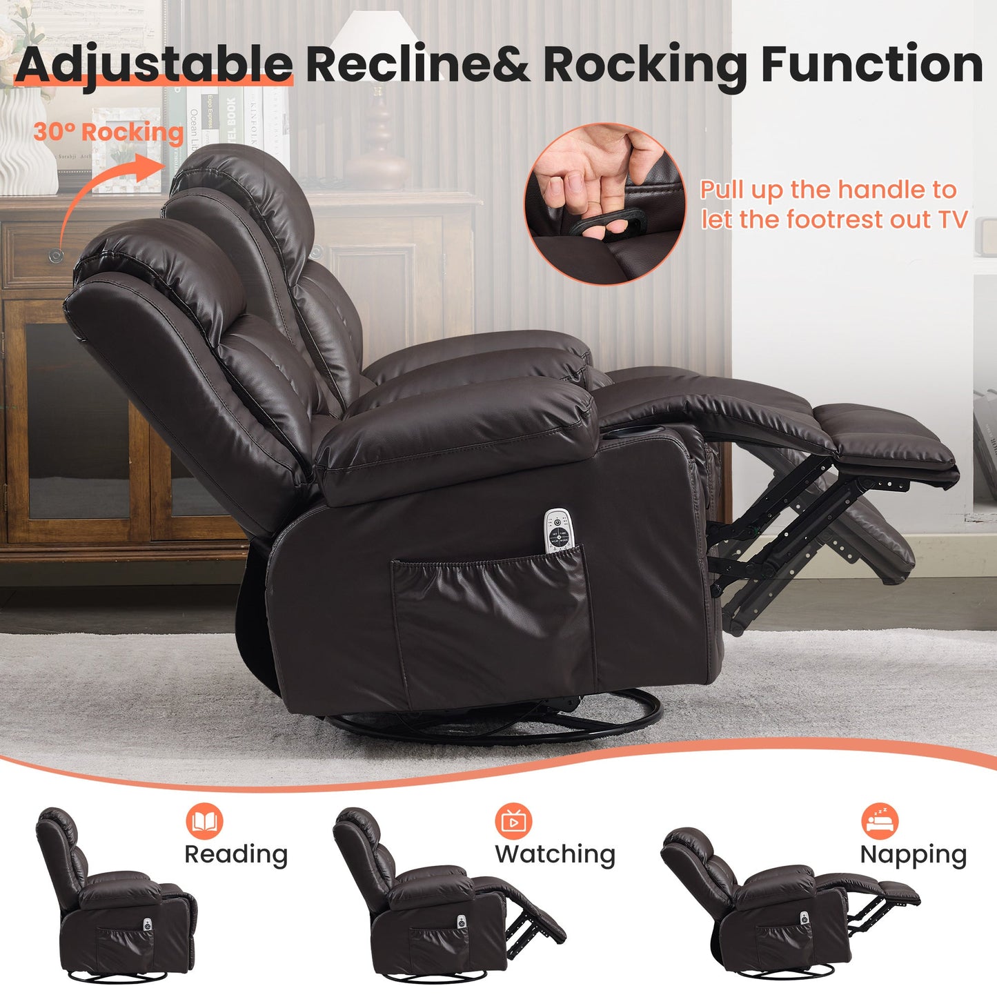 Leather Swivel Recliner with Heat and Massage