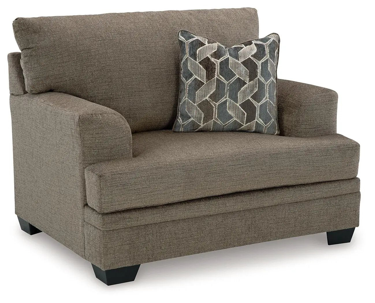 Stonemeade Living Room Set armchair in brown fabric with a blue geometric cushion on Tampa Home & Garden Store