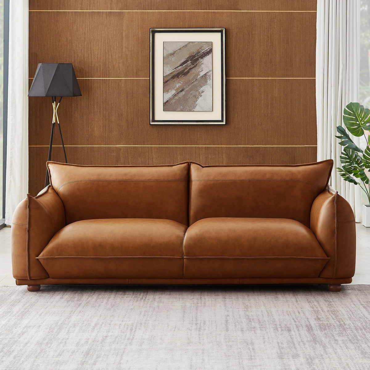 Mid-Century Modern luxury sofa by HouseOfZazla in brown leather, tufted cushions on Tampa Home & Garden Store