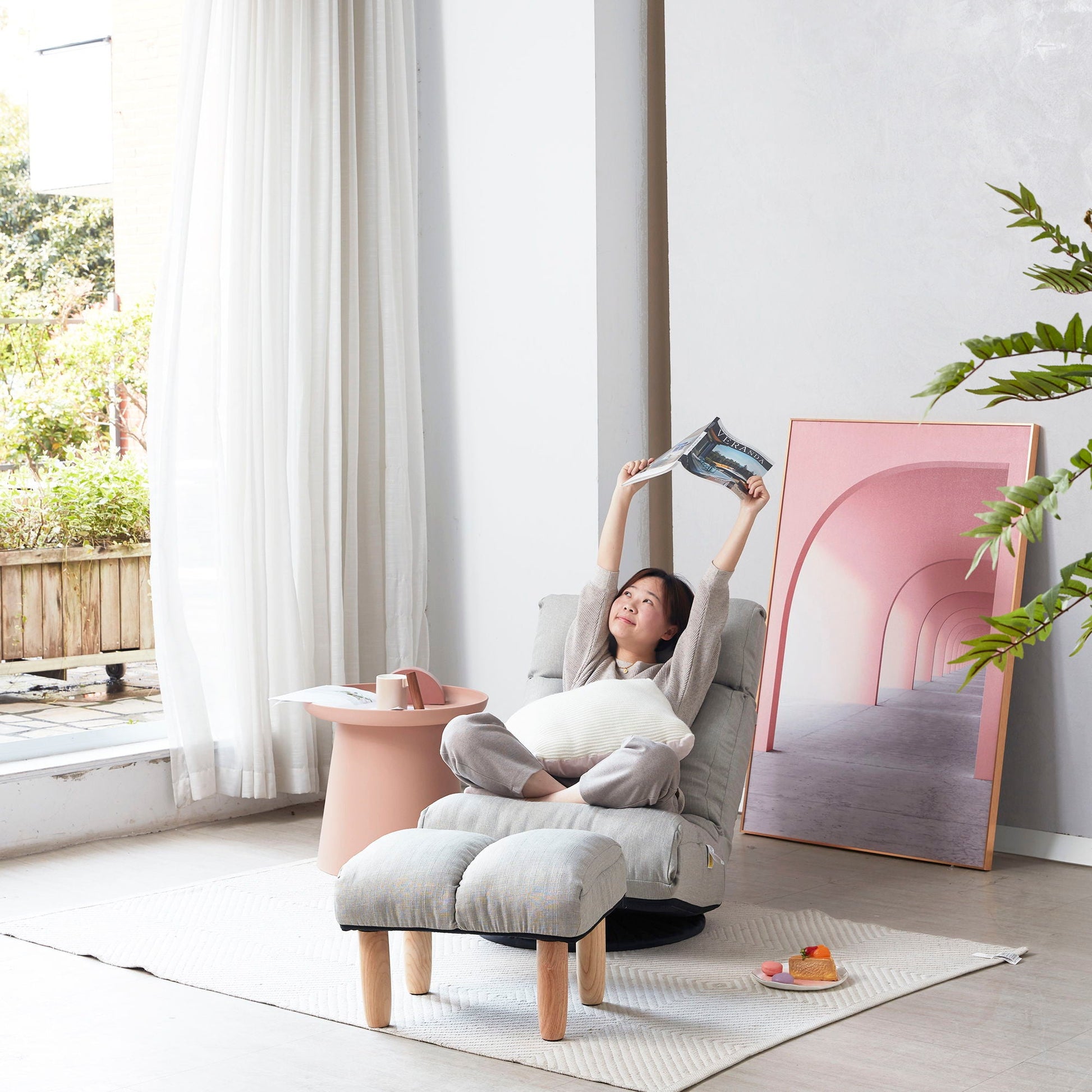 HouseOfZazla reclining Japanese floor chair with ottoman in gray fabric and wooden legs on Tampa Home & Garden Store