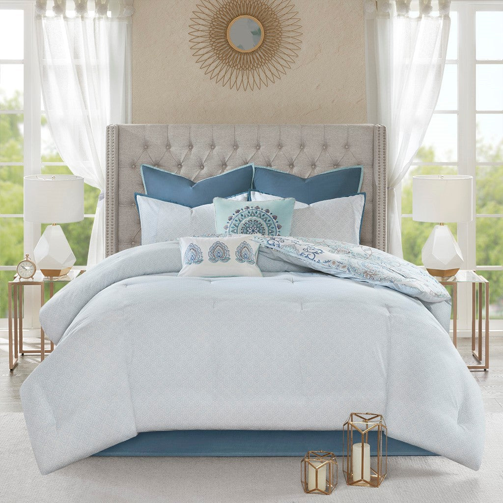 8 Piece Cotton Floral Printed Reversible Comforter Set Blue by HouseOfZazla on Tampa Home & Garden Store
