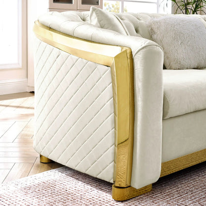 L-shaped stationary Chesterfield sectional with ivory velvet diamond-quilted, gold metal trim on Tampa Home & Garden Store