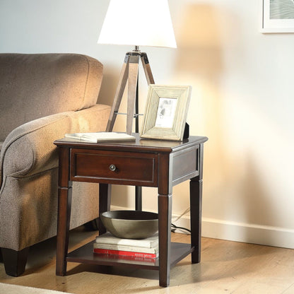 Dark brown Malachi end table with drawer and lower shelf beside a lamp and photo frame on Tampa Home & Garden Store