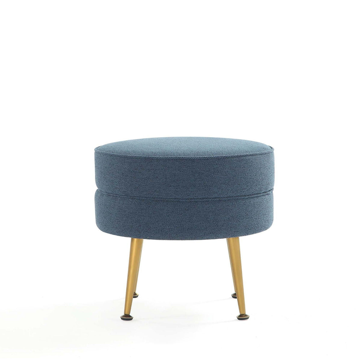 Bailey Upholstered Accent Ottoman round blue denim fabric with gold-toned tapered legs on Tampa Home & Garden Store