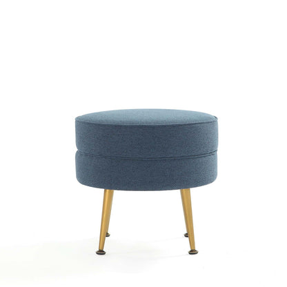 Bailey Upholstered Accent Ottoman round blue denim fabric with gold-toned tapered legs on Tampa Home & Garden Store