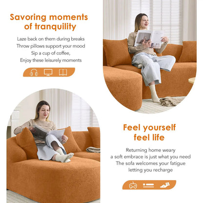 Combined sofa with 4 pillows in orange textured fabric, stationary sectional on Tampa Home & Garden Store