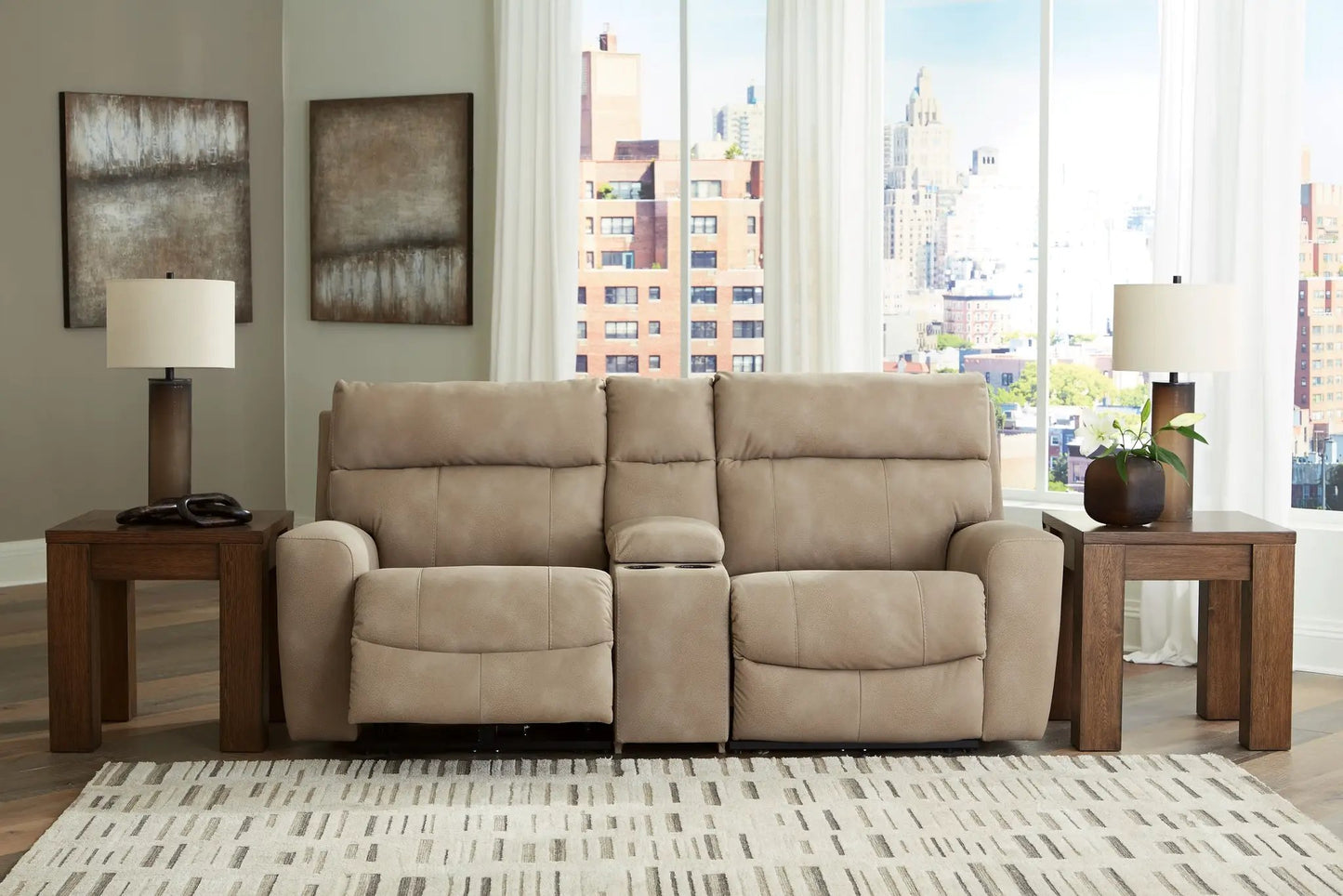 Next-Gen Durapella reclining sectional in beige upholstery with center console on Tampa Home & Garden Store