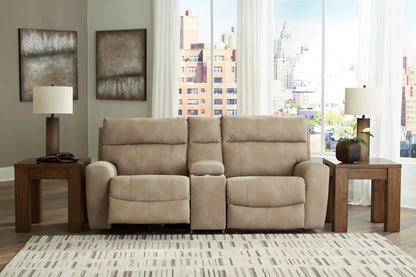 Next-Gen Durapella reclining sectional in beige upholstery with center console on Tampa Home & Garden Store