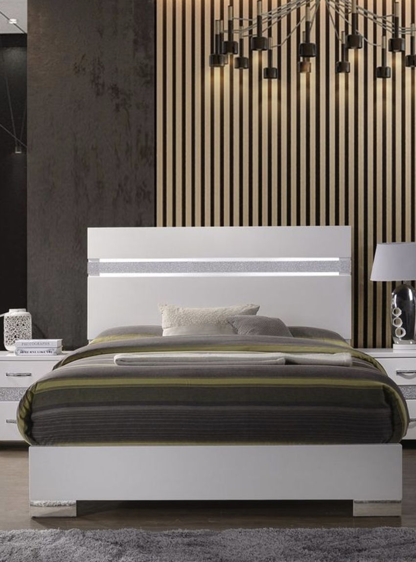 Naima Elegance Bed panel bed white with silver accent band by HouseOfZazla on Tampa Home & Garden Store