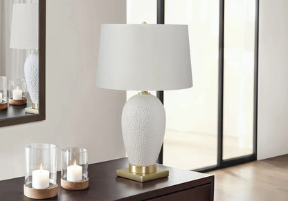 Table lamp ceramic white with textured bubble base and white fabric shade, transitional style on Tampa Home & Garden Store