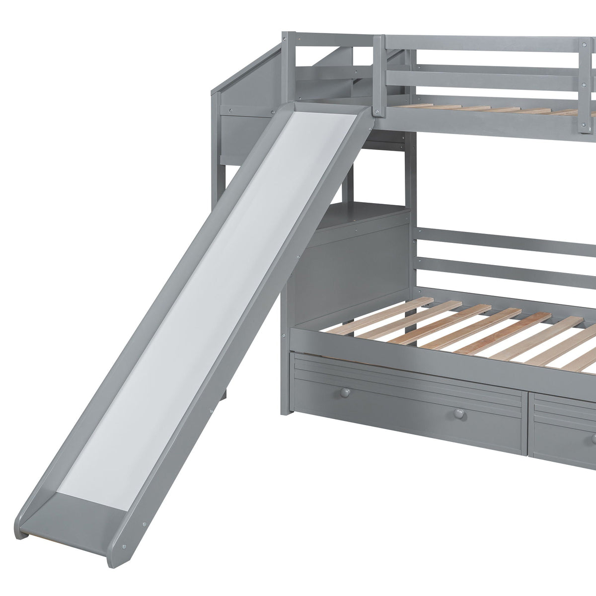 Bunk Bed With Storage Staircase, Slide, Desk, Drawers, And Shelves in gray metal frame on Tampa Home & Garden Store