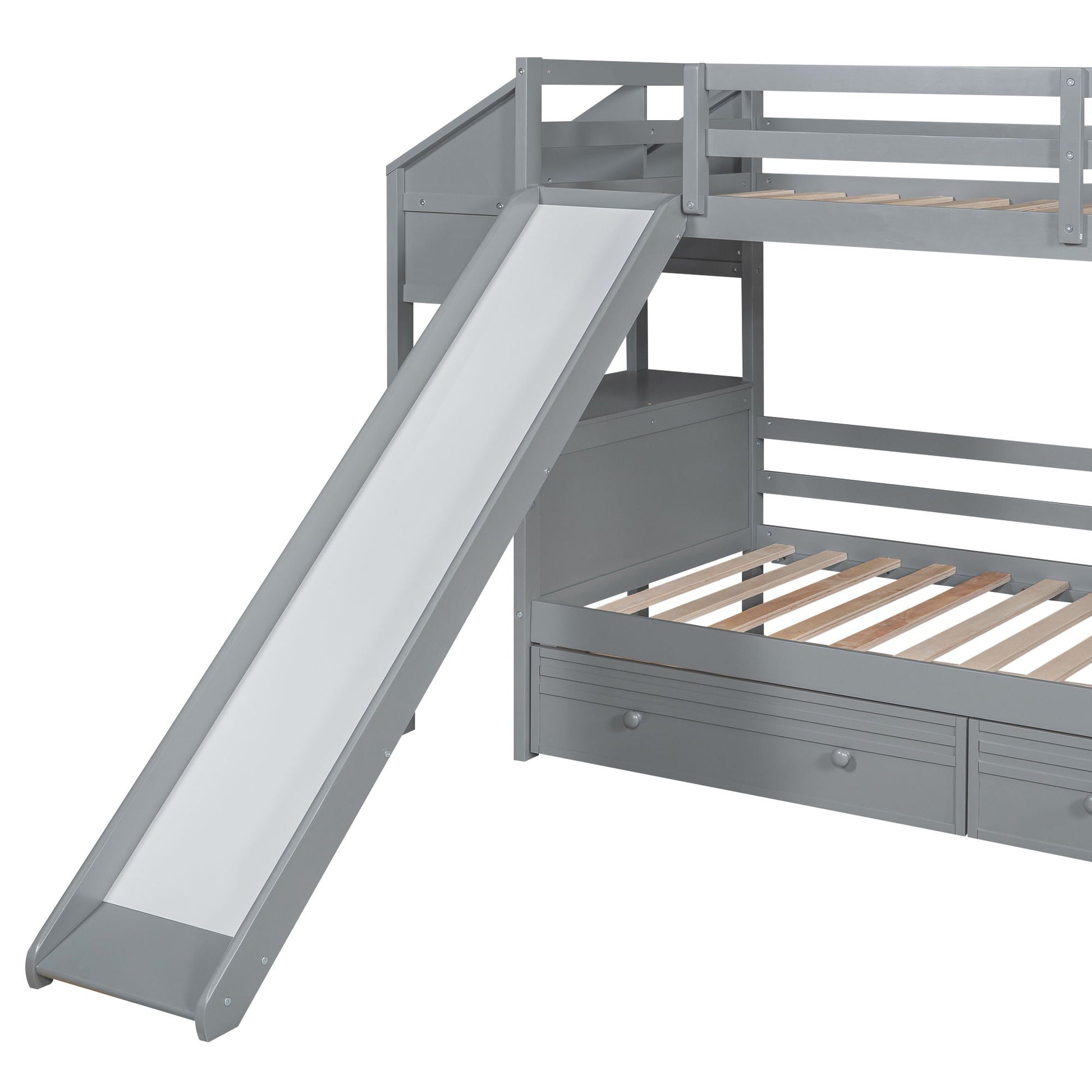 Bunk Bed With Storage Staircase, Slide, Desk, Drawers, And Shelves in gray metal frame on Tampa Home & Garden Store