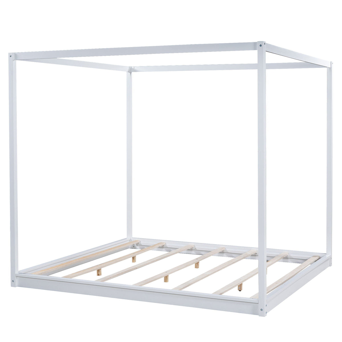 White canopy bed frame with four posts and airflow slats for mattress support on Tampa Home & Garden Store