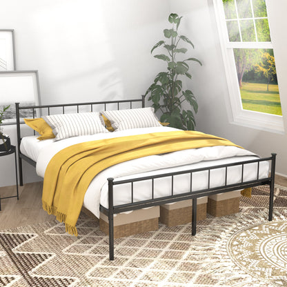 Queen Size Bed Frame with headboard and footboard in black metal, white linens and yellow throw on Tampa Home & Garden Store