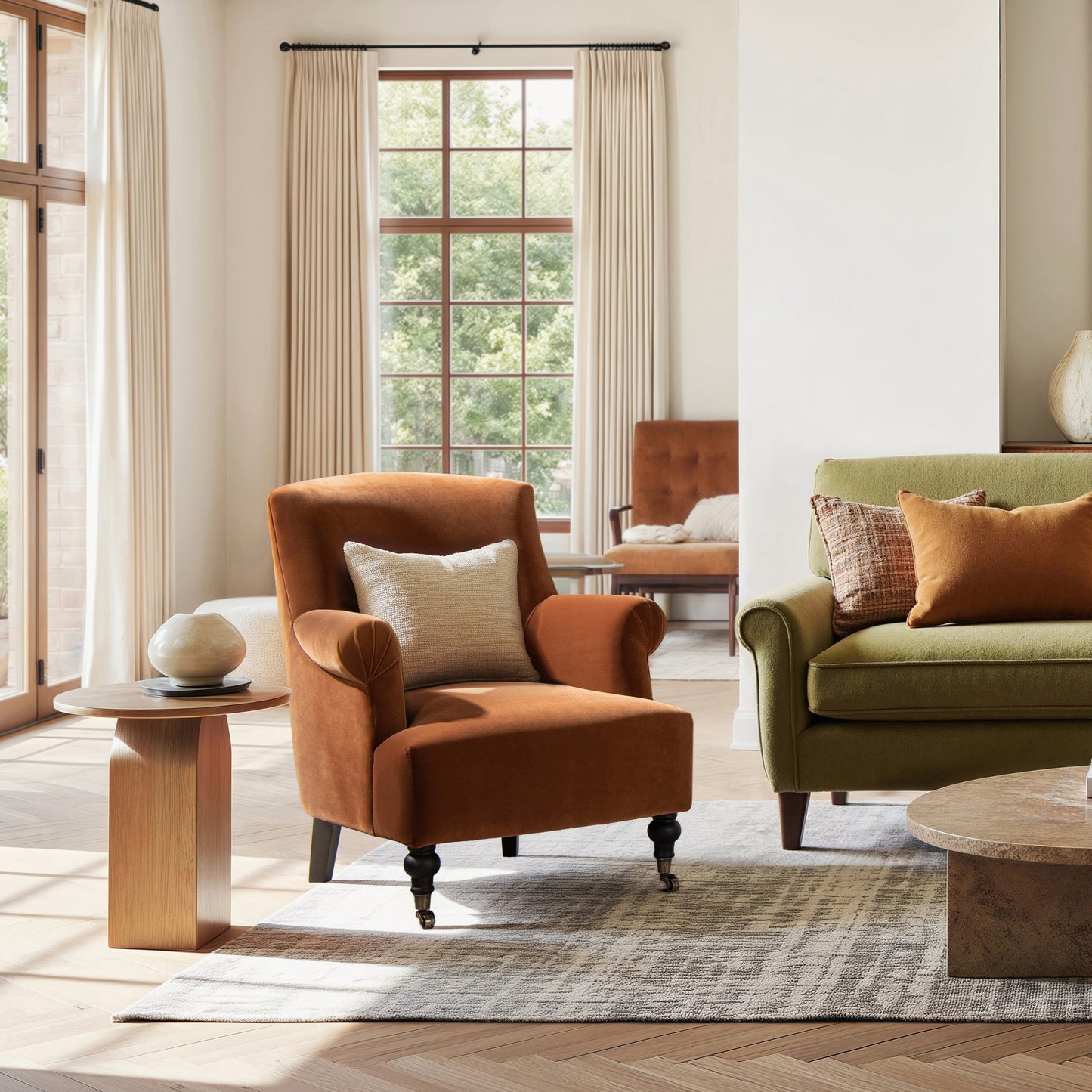 Eloise 30' Pleated Sock Armchair burnt orange performance velvet with cushions, pair of chairs on Tampa Home & Garden Store