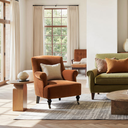 Eloise 30' Pleated Sock Armchair burnt orange performance velvet with cushions, pair of chairs on Tampa Home & Garden Store