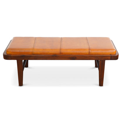 Rustic upholstered bench with tan genuine leather cushion by HouseOfZazla on Tampa Home & Garden Store