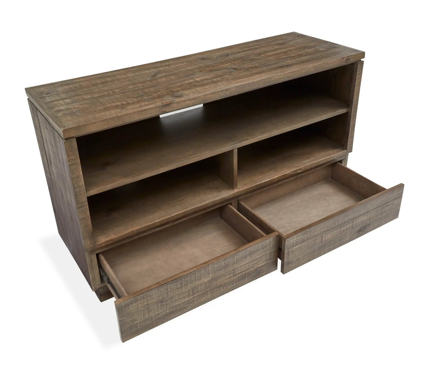Baisden Console Sofa Table in tobacco finish with plank top, open center shelf, and two drawers on Tampa Home & Garden Store