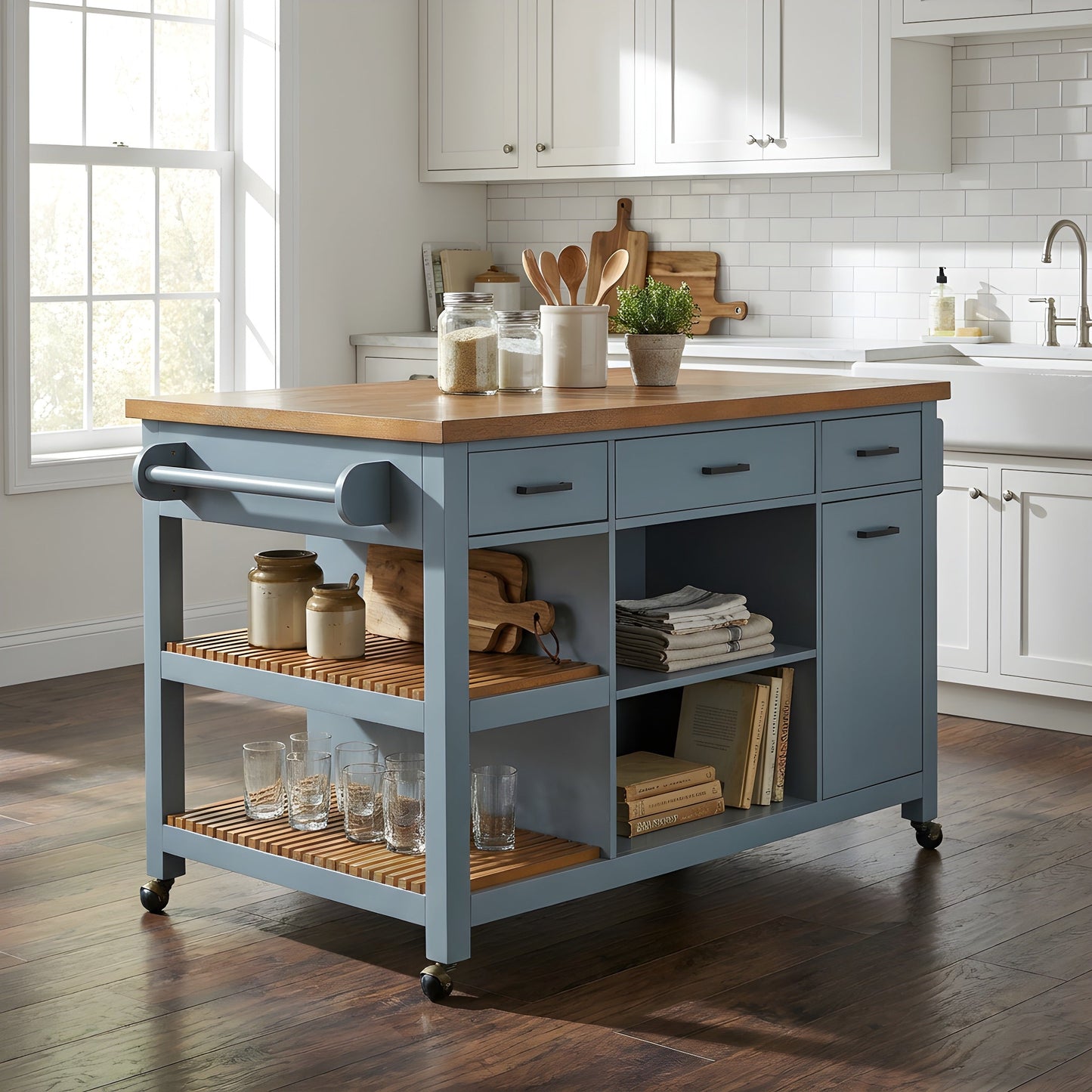52in Kitchen Island Cart with Rubber Wood Top in blue base by HouseOfZazla on Tampa Home & Garden Store