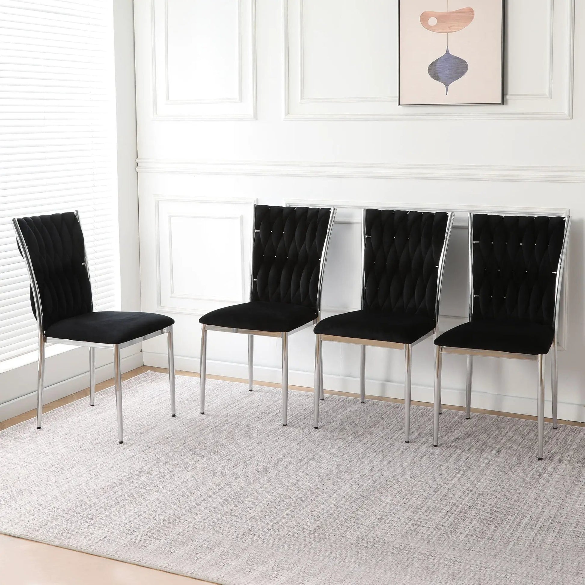 Modern dining chair set in black tufted upholstery with chrome legs, 5 chairs on Tampa Home & Garden Store