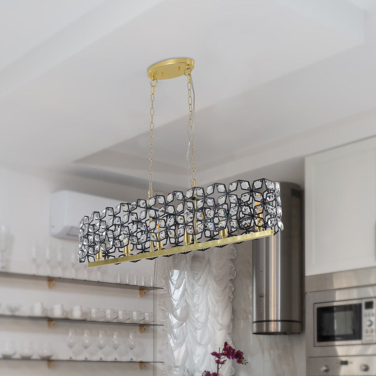 39-inch contemporary black-gold pendant chandelier by HouseOfZazla with crystal blocks on Tampa Home & Garden Store