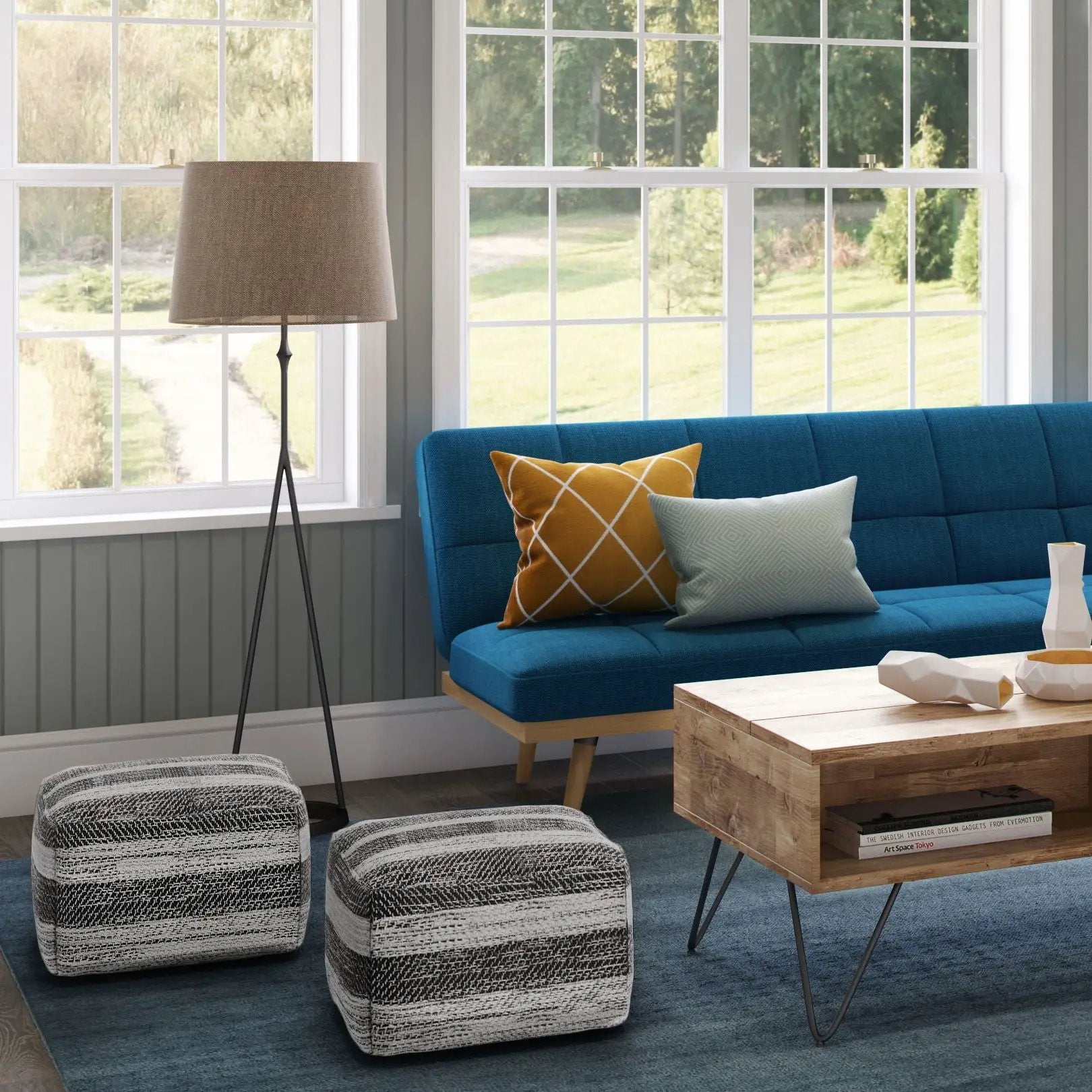Clay Square Upholstered Pouf 3-pack with striped fabric on Tampa Home & Garden Store