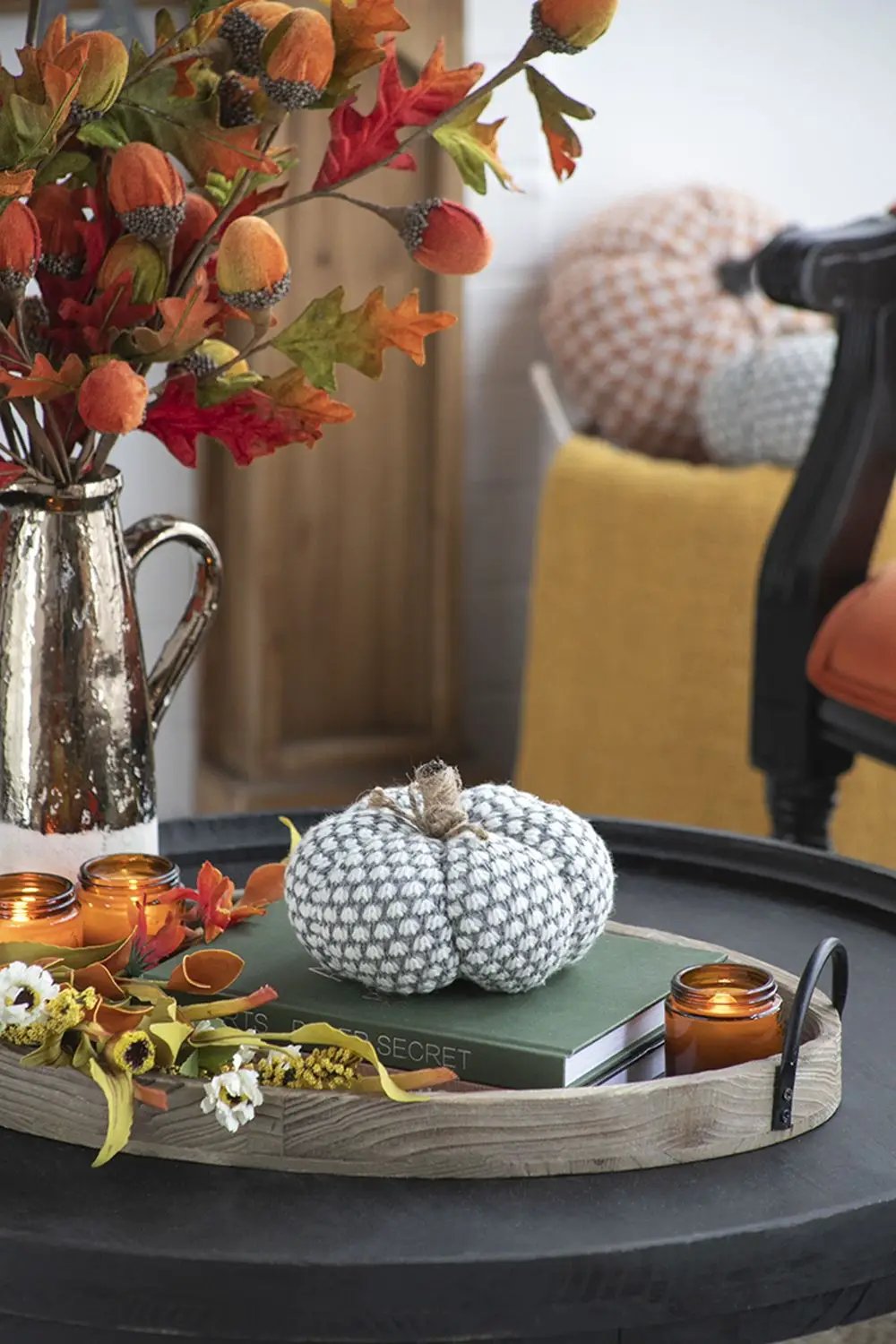Knite Pumpkin Ornament knitted gray pumpkin decor on a tray with fall accents on Tampa Home & Garden Store