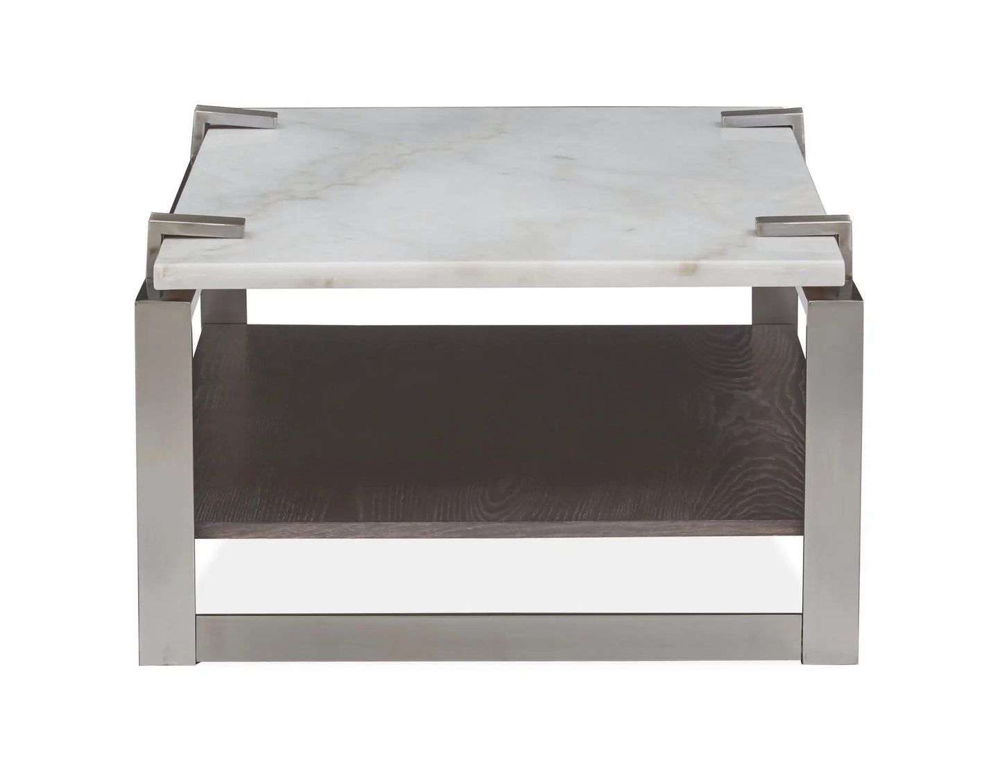 Paradox rectangular end table with white marble top, brushed steel frame, and dark wood shelf on Tampa Home & Garden Store