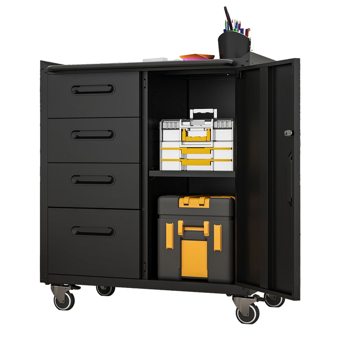 Sturdy metal tool storage cabinet with wheels by HouseOfZazla, black steel with left drawers on Tampa Home & Garden Store