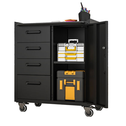 Sturdy metal tool storage cabinet with wheels by HouseOfZazla, black steel with left drawers on Tampa Home & Garden Store