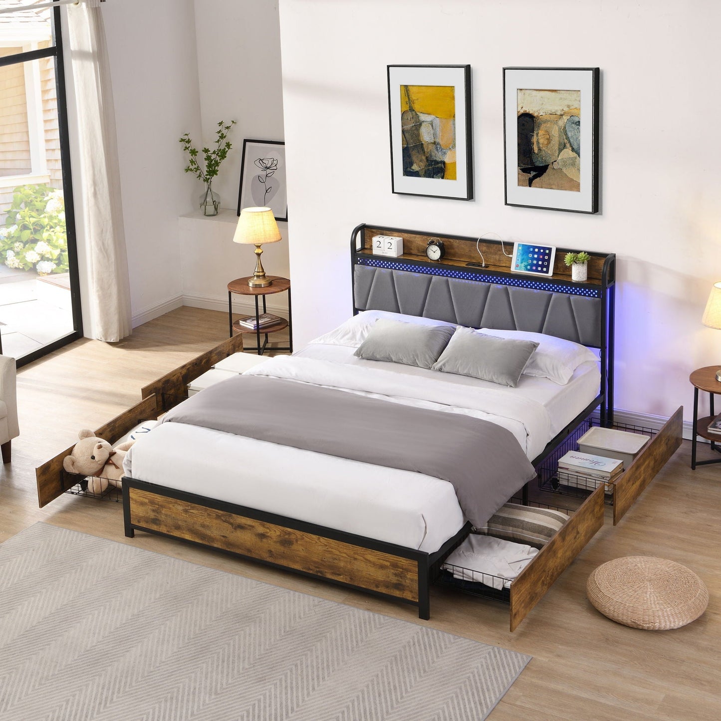 Contemporary storage bed frame with LED-lit headboard, gray upholstered panels, twin beds on Tampa Home & Garden Store