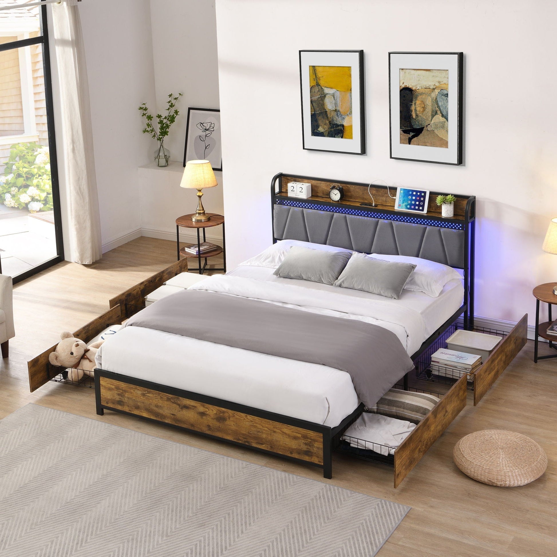 Contemporary storage bed frame with LED-lit headboard, gray upholstered panels, twin beds on Tampa Home & Garden Store