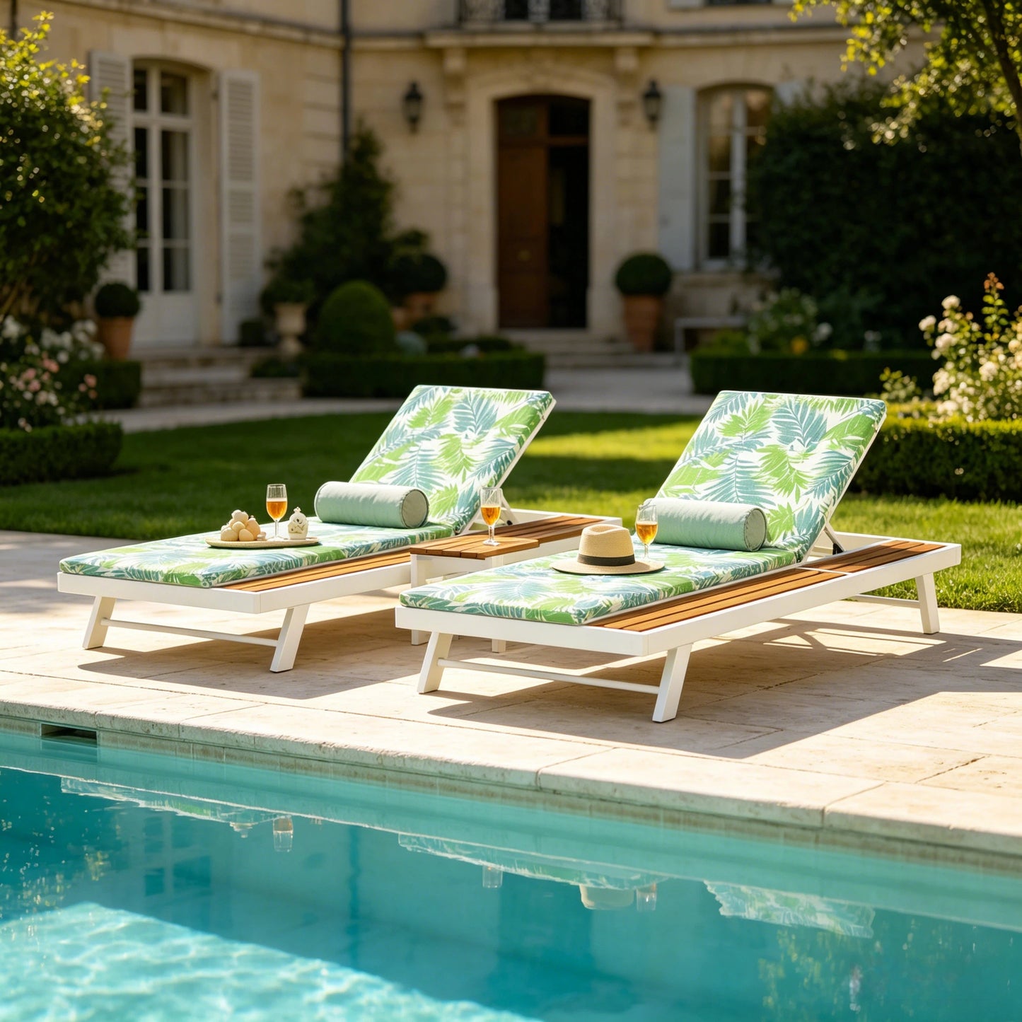 White Iron and Teak Outdoor Chaise Lounge Set