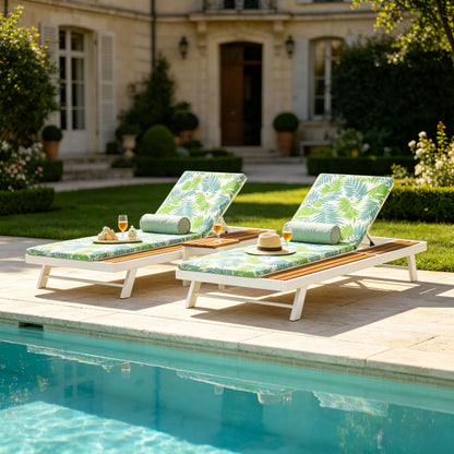 White Iron and Teak Outdoor Chaise Lounge Set