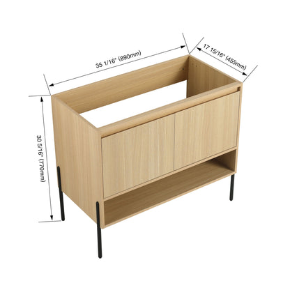 Freestanding bathroom vanity by HouseOfZazla in light brown finish softclose doors and black legs on Tampa Home & Garden Store