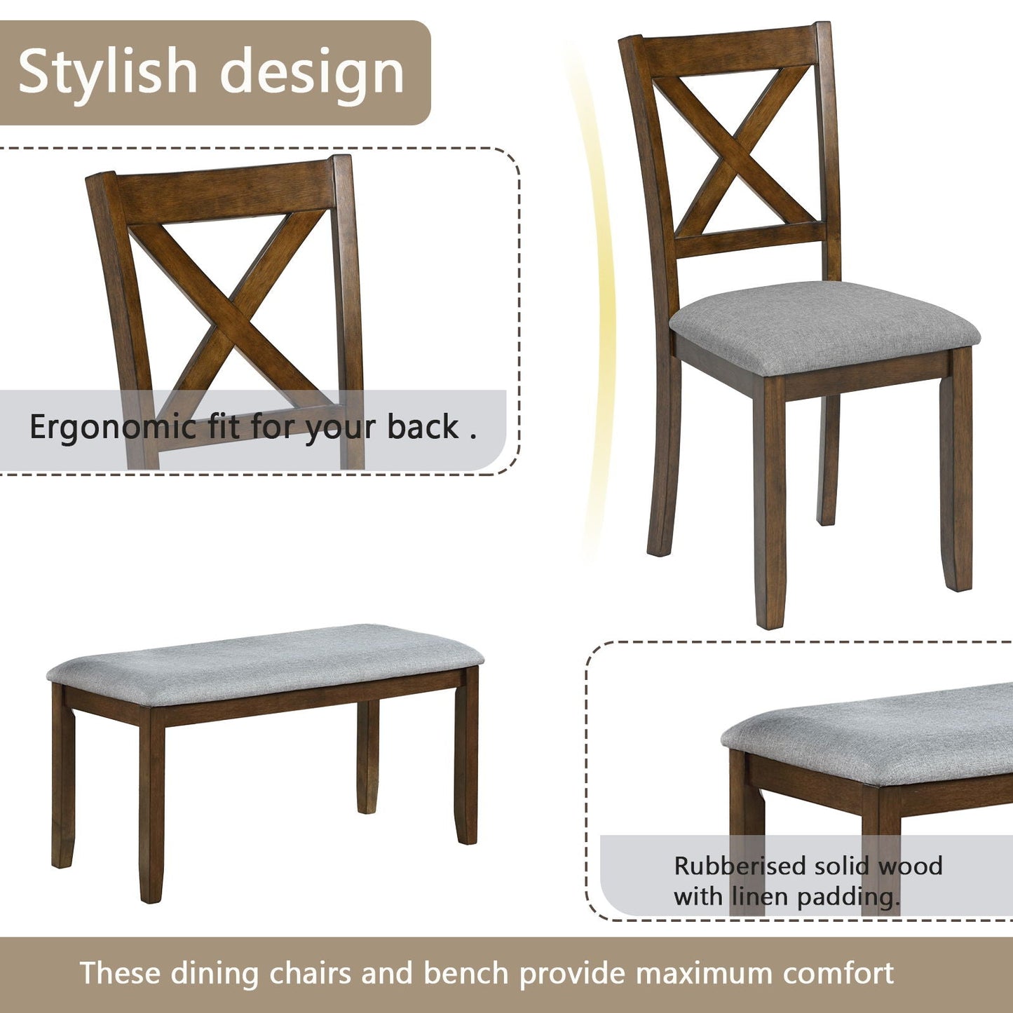 Six Piece Dining Set With A Bench And Four Chairs