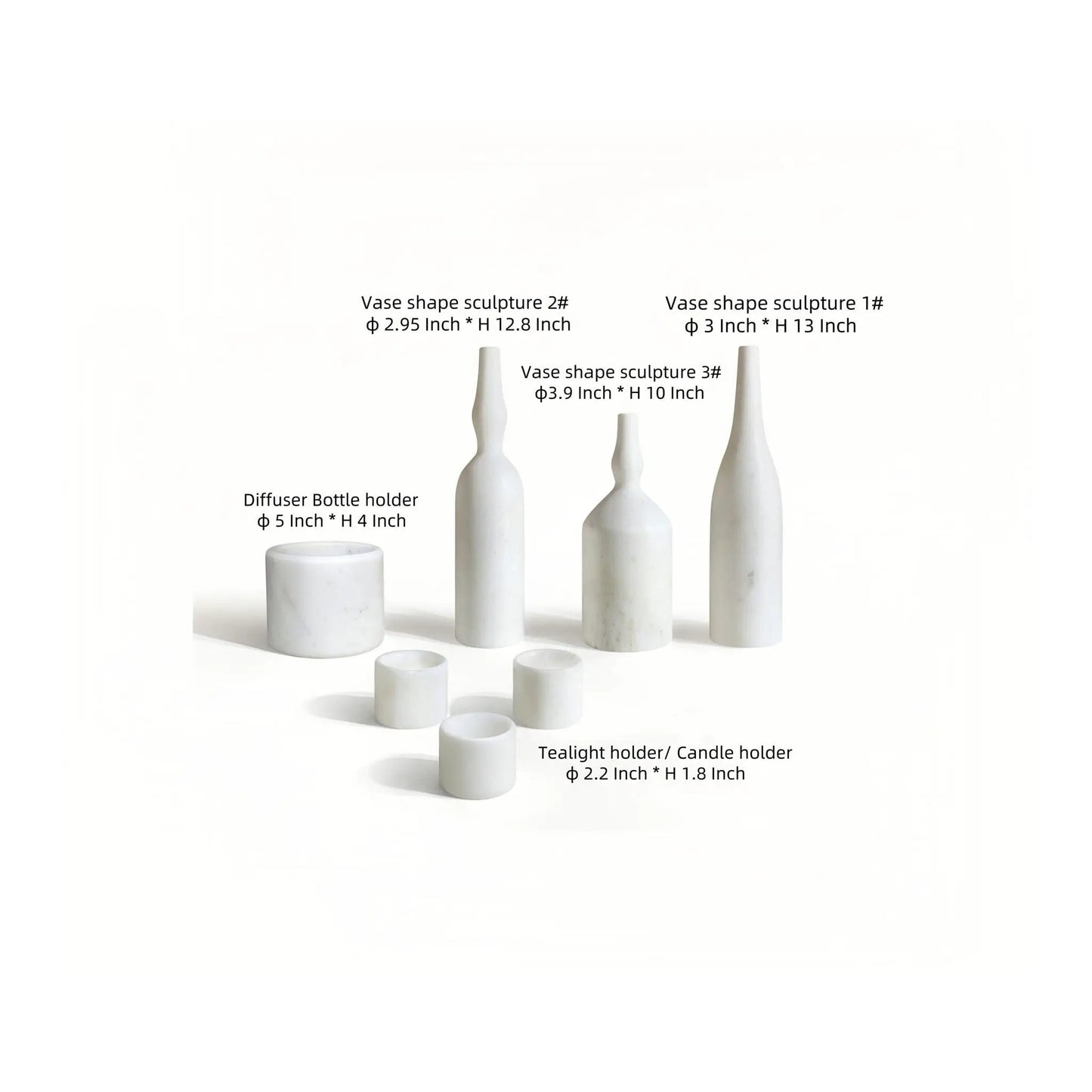 7-Piece Natural Marble Living Room Accessories Set with white marble vases and tealight holders on Tampa Home & Garden Store