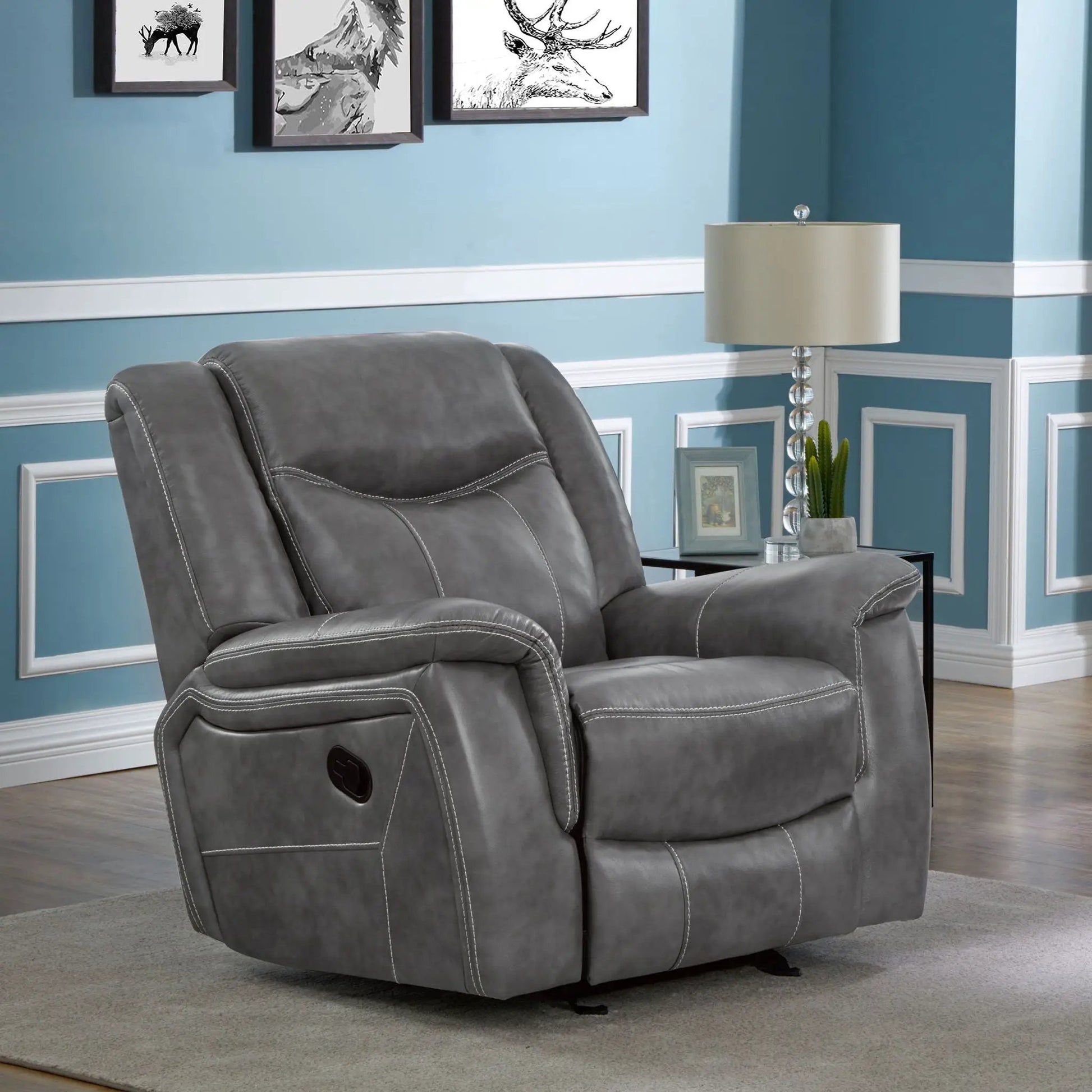 Encino gray upholstered padded arm glider recliner with contrast stitching on Tampa Home & Garden Store