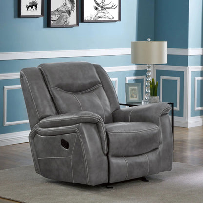 Encino gray upholstered padded arm glider recliner with contrast stitching on Tampa Home & Garden Store