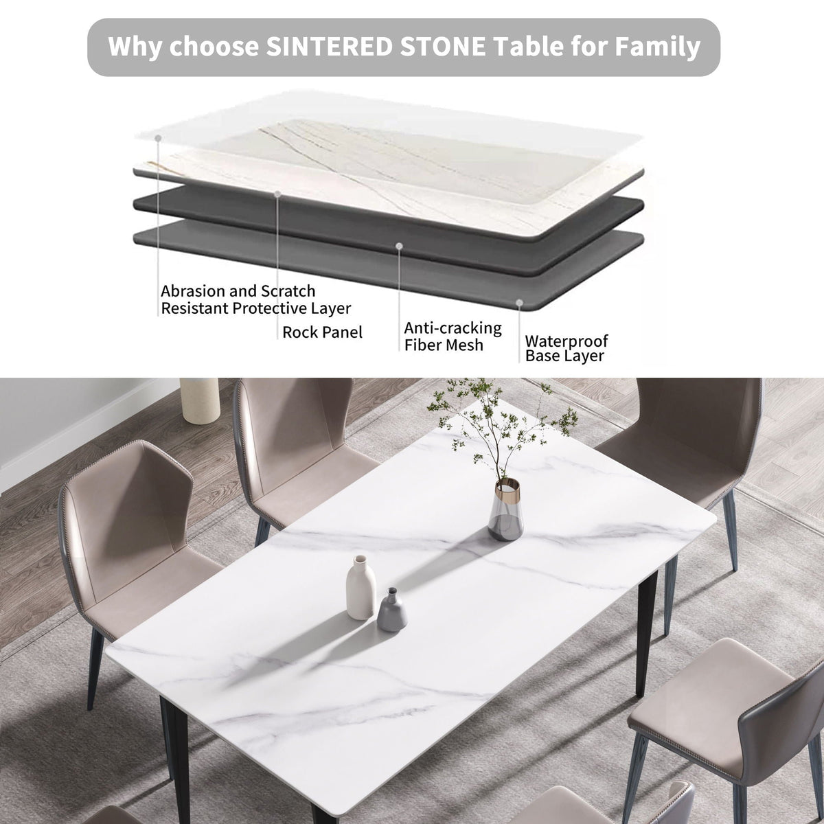 Dining table with white artificial stone top and black metal legs, four taupe chairs on Tampa Home & Garden Store