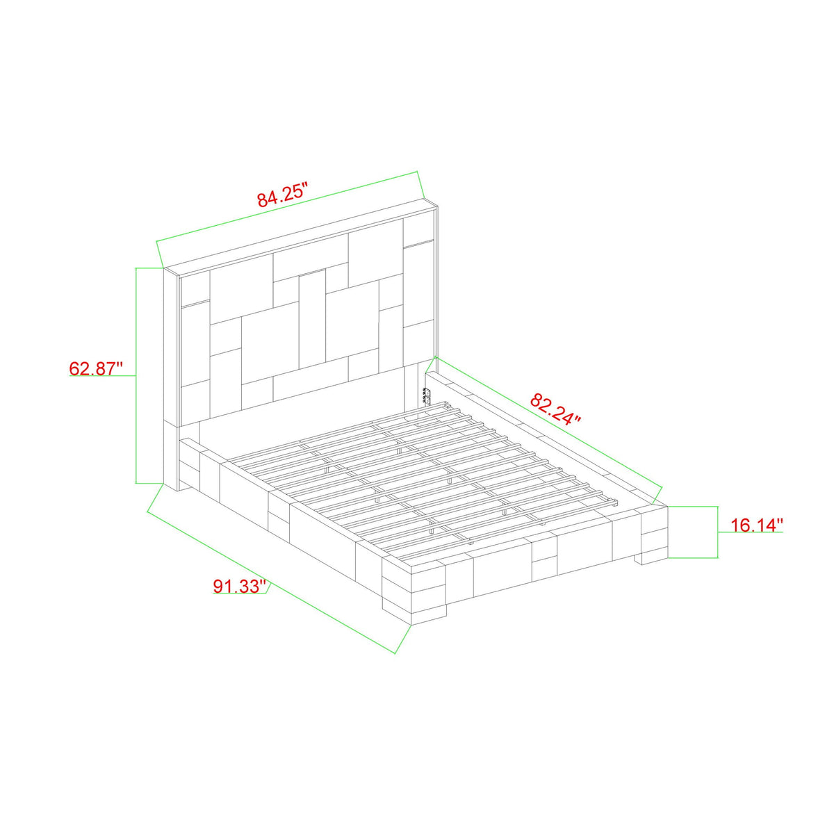 Yaris Bed upholstered bed frame with tall headboard in technical drawing by HouseOfZazla on Tampa Home & Garden Store