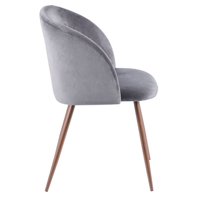 Contemporary dining chair with gray padded bucket seat and wooden legs on Tampa Home & Garden Store