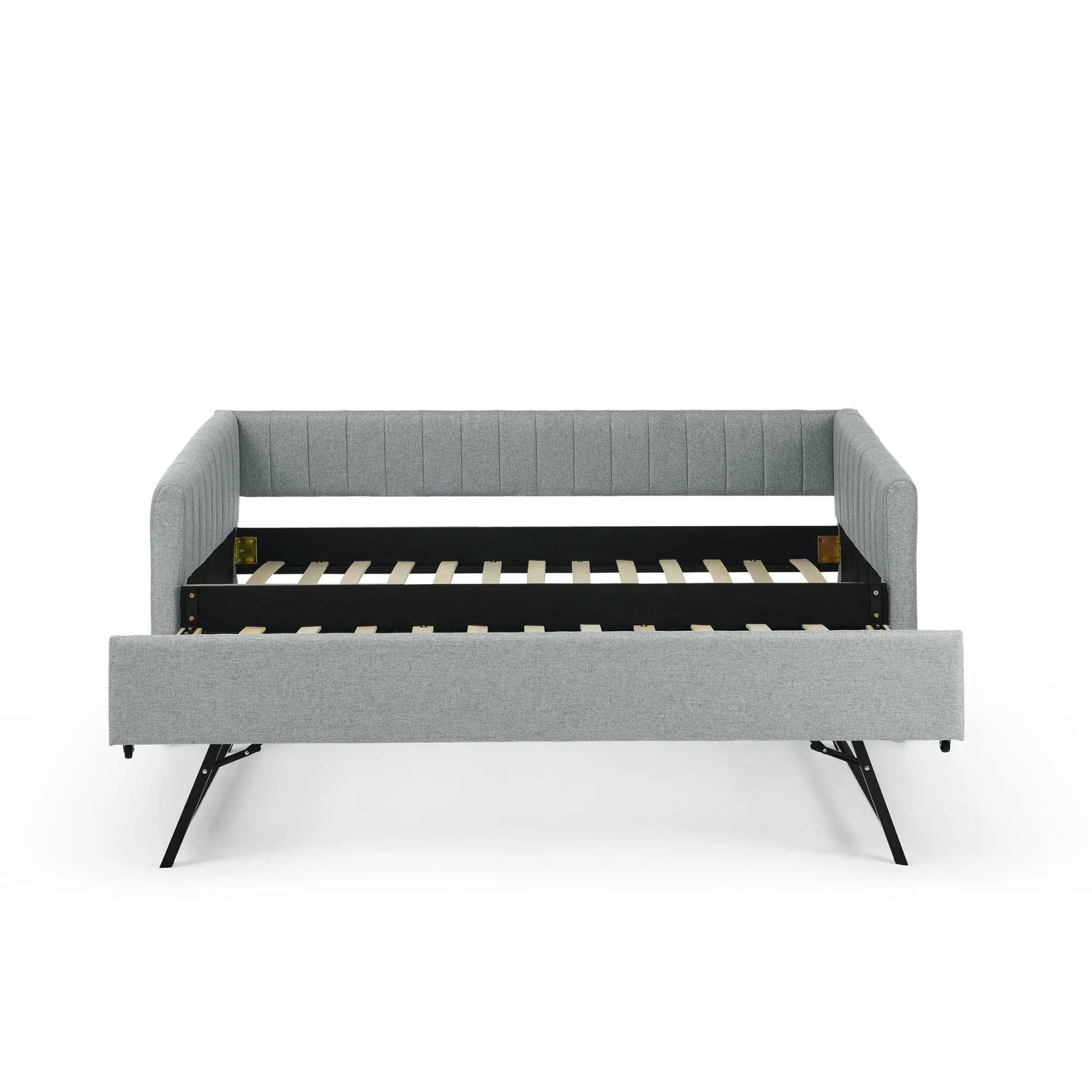 Upholstered gray daybed with vertical stripe channels, pull-out trundle and slatted base on Tampa Home & Garden Store