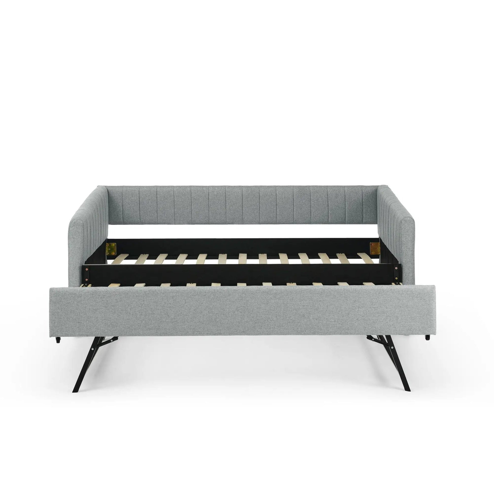 Upholstered gray daybed with vertical stripe channels, pull-out trundle and slatted base on Tampa Home & Garden Store