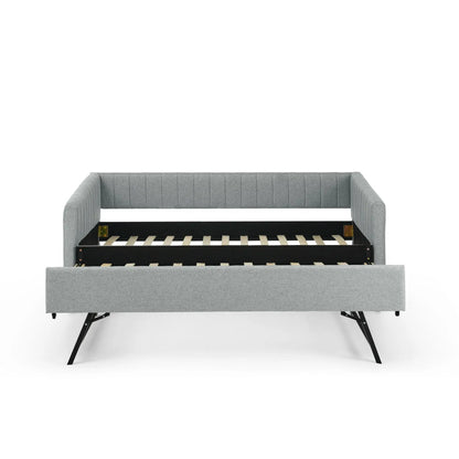 Upholstered gray daybed with vertical stripe channels, pull-out trundle and slatted base on Tampa Home & Garden Store